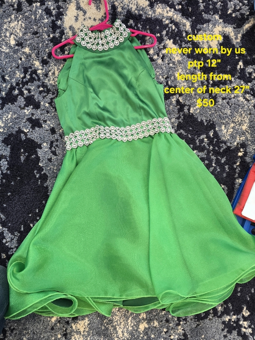 Girls' Green Halter Dress with Jeweled Collar and Waist